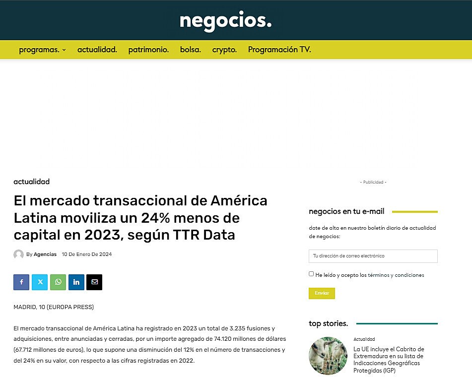 El mercado transaccional de Amrica Latina moviliza un 24% menos de capital en 2023, segn TTR Data